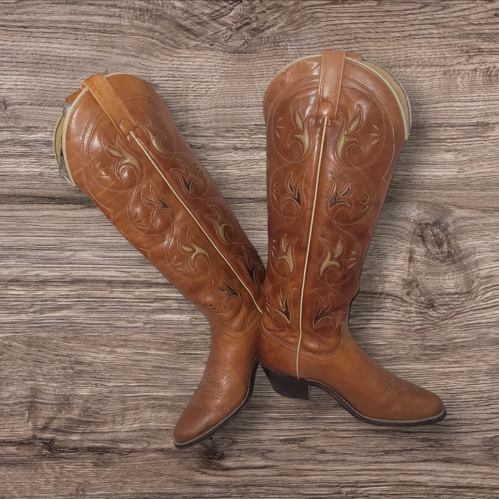 ACME Tan Leather Embroidered Knee-High Western Heeled Boots